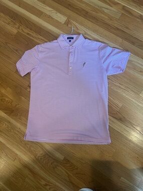 Peter Millar Pink & White Striped Polo - Illinois Ruffle Feather Golf Club Logo